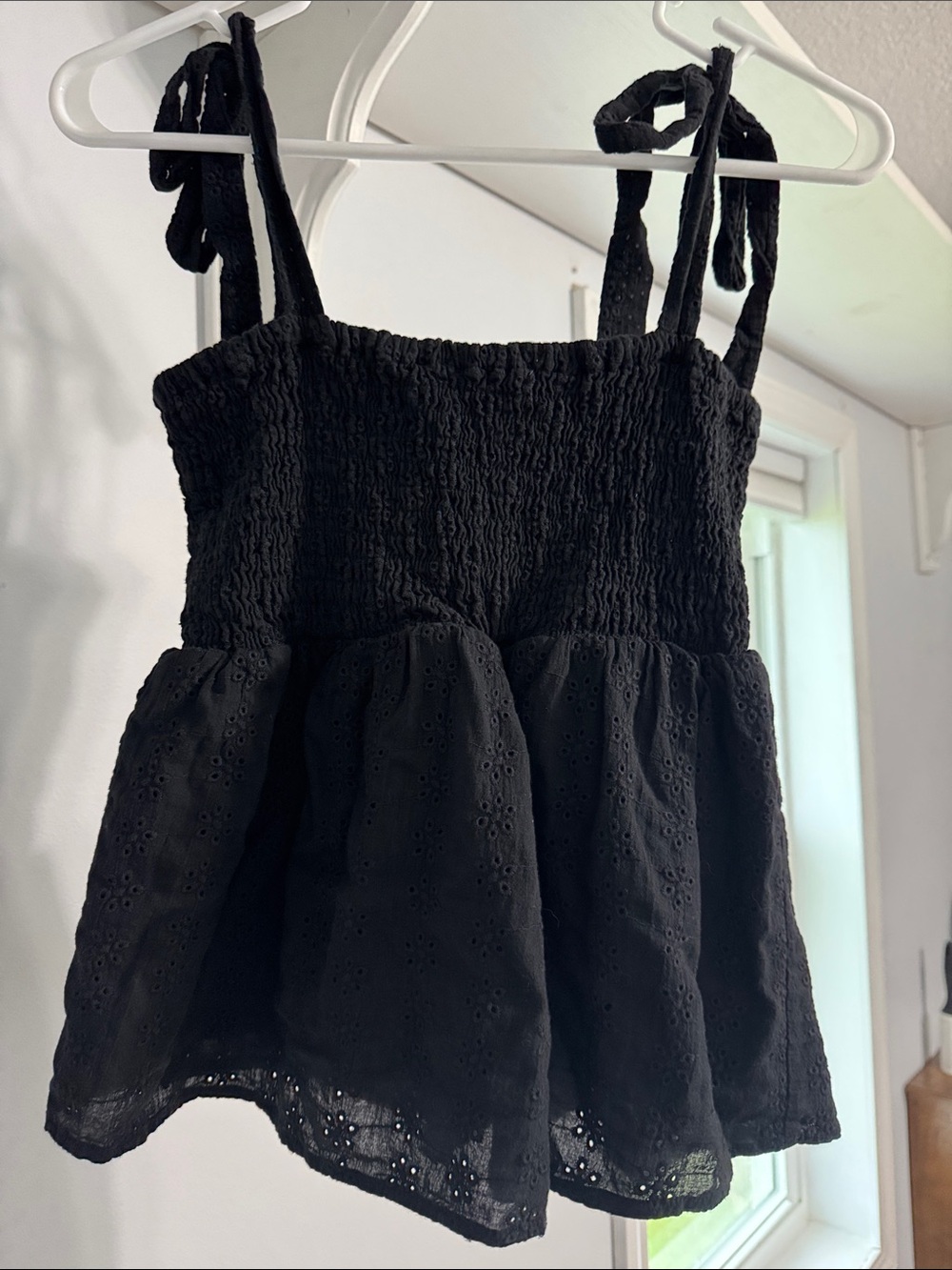 Pink Lily Black Eyelet Smocked Tie-Strap Tank Top